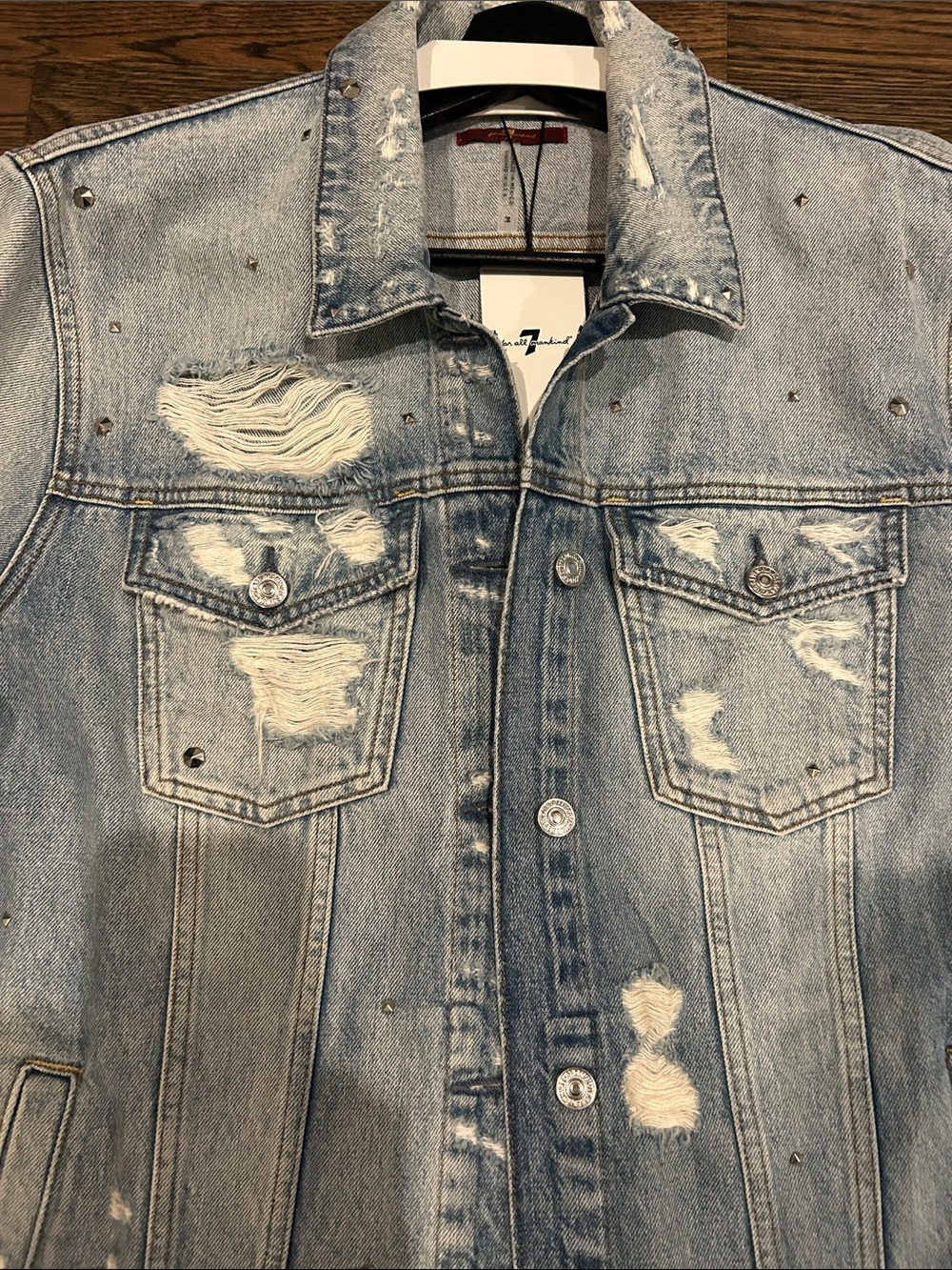 NWT! 7 For All Mankind Oversized Distressed Denim Jacket With All Over Studs! M! - Picture 12 of 16